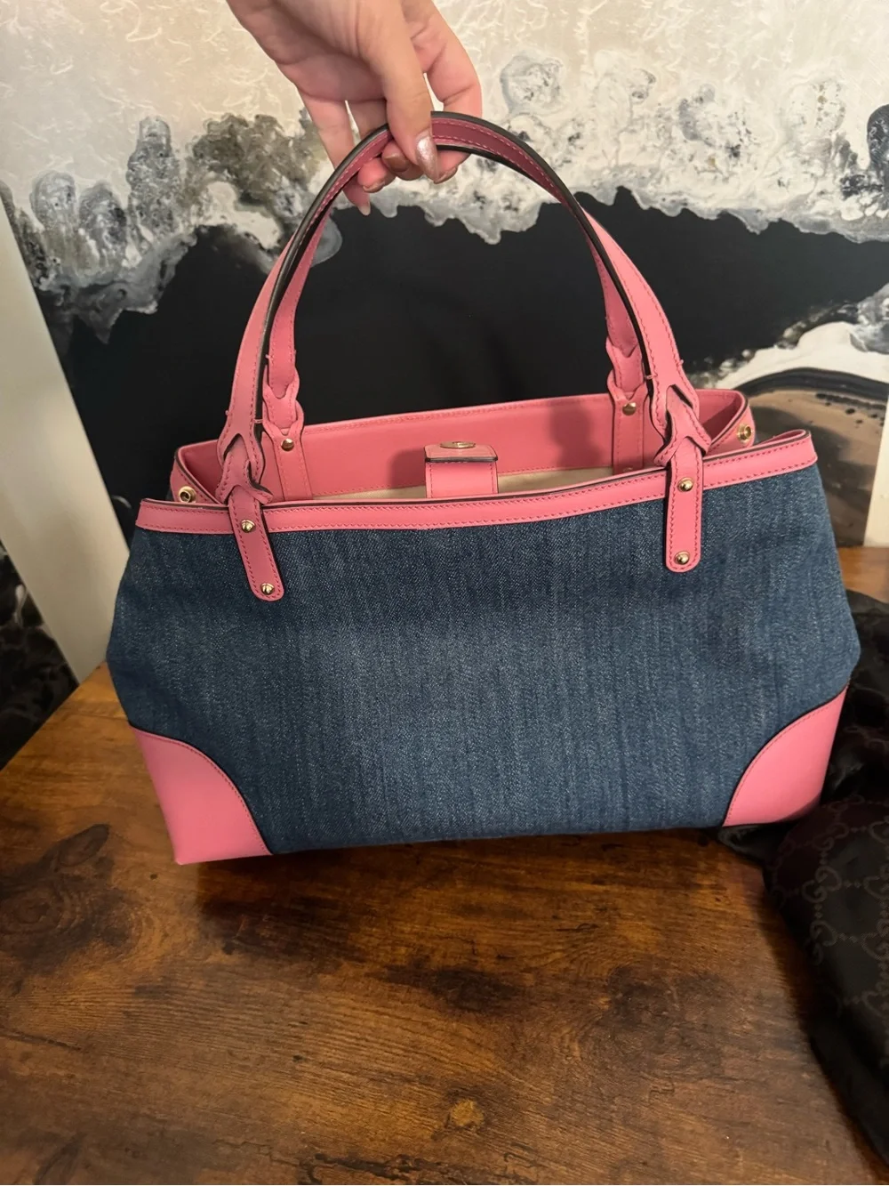 Gucci Denim Tote with Pink Leather Trim